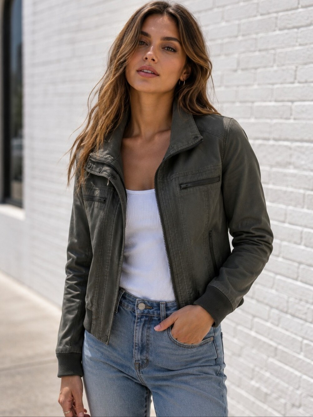 Marrakech Olive Green Lyocell Utility Moto Jacket Zip Front Rib Knit Trim Size S